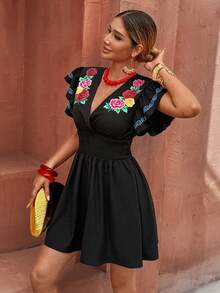 Selianne Black Bohemian Boho Mini Dress For Vacation Vacation Summer - Black - View 4