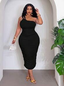 Slaydiva Women's Plus Size Elegant Black Summer Mid-Length Dress Formal Party Cocktail Date Night Evening Out Club Body-Hugging Side-Pleated Backless - Black - View 1