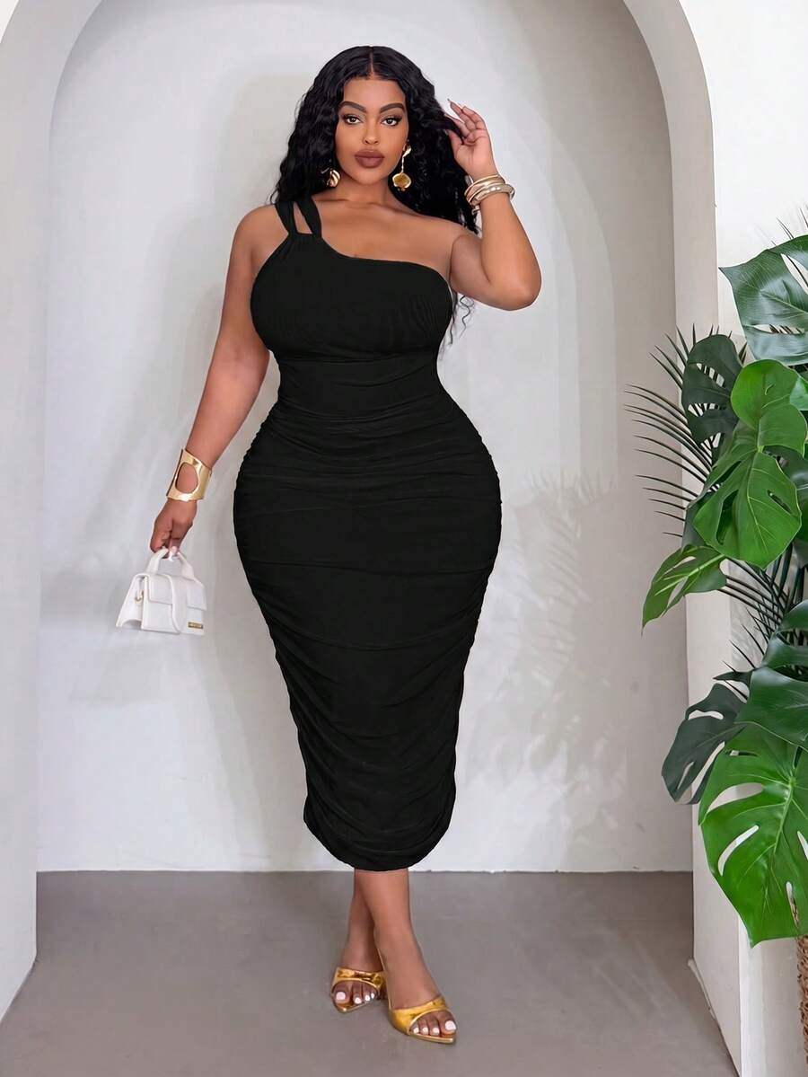 Slaydiva Women's Plus Size Elegant Black Summer Mid-Length Dress Formal Party Cocktail Date Night Evening Out Club Body-Hugging Side-Pleated Backless - Black - View 1