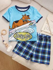 SCOOBY-DOO X SHEIN Young Boy Cartoon Print Contrast Trim Short Sleeve T-Shirt And Plaid Shorts Pajama Set, Summer - Blue - View 3