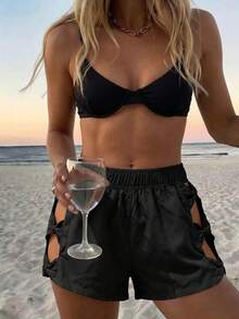 Vaclyn Women's Solid Color Bow Tie Casual Beach Shorts, Summer Vacation Black - Black - View 3