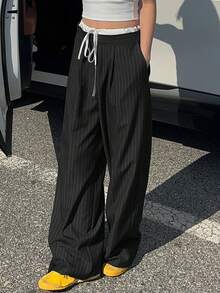 DAZY Women's Colorblock Waistband Tie Striped Loose Pants, Business Casual Fall - Black - View 3