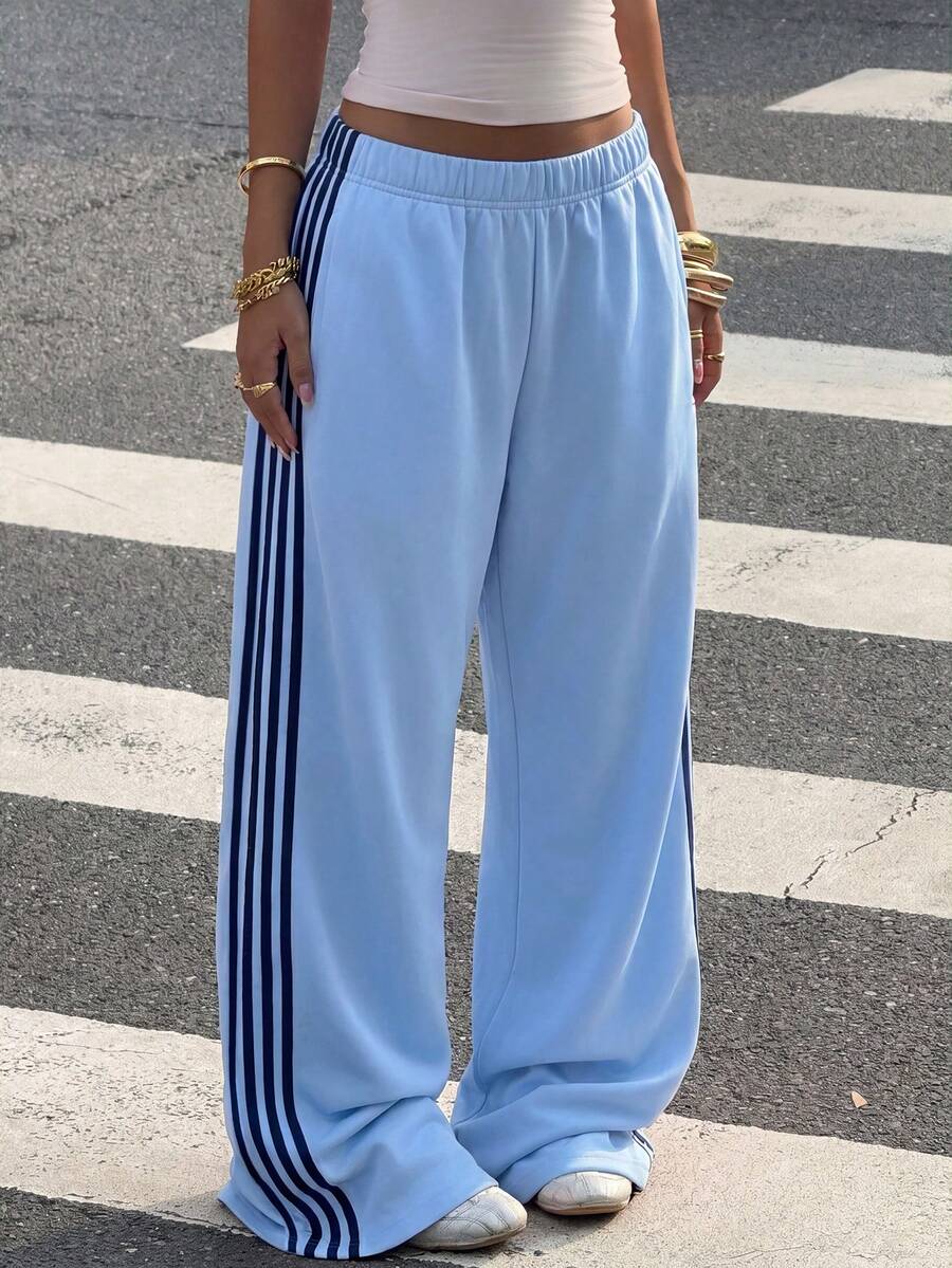 Muchica Light Blue Plus Size Casual Pants With Side Stripe - Baby Blue - View 1