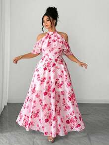Elenzga Plus Size Women's Off-Shoulder Ruffle Hem A-Line Elegant Romantic Dress, Suitable For Valentine's Day - Multicolor - View 4