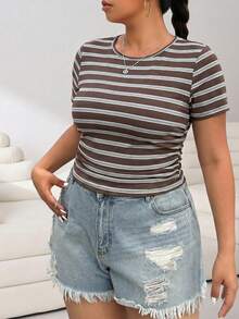 Solflare New Coffee-Colored Striped Ribbed Knit T-Shirt, Comfortable Soft Elastic Plus Size With Gathered Waist To Flatter Waistline, Suitable For Outdoor, Casual, Party, Commute, Music Festival, Thanksgiving, Mother's Day, Back To School, Graduation, Beach Vacation, High Street, Home Wear, Store Visiting, City Walk, Multi-Occasion Wear, Can Be Worn As Outerwear Or Layering - Multicolor - View 4
