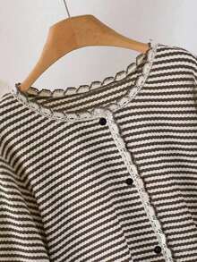 Franclia Plus Size Women Casual Striped Shell Trim Button Front Top Fall - Brown - View 4