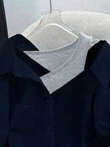 GlowEve CURVE Plus Size Summer Casual Contrast Color 2 In 1 Front Button Pocket Shirt - Multicolor - View 4