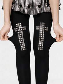 ROMWE Kawaii 1 pieza de medias de unicolor con remaches estilo punk, leggings con patrón geométrico Y2K, medias elásticas translúcidas - Remache cuadrado - Ver 1