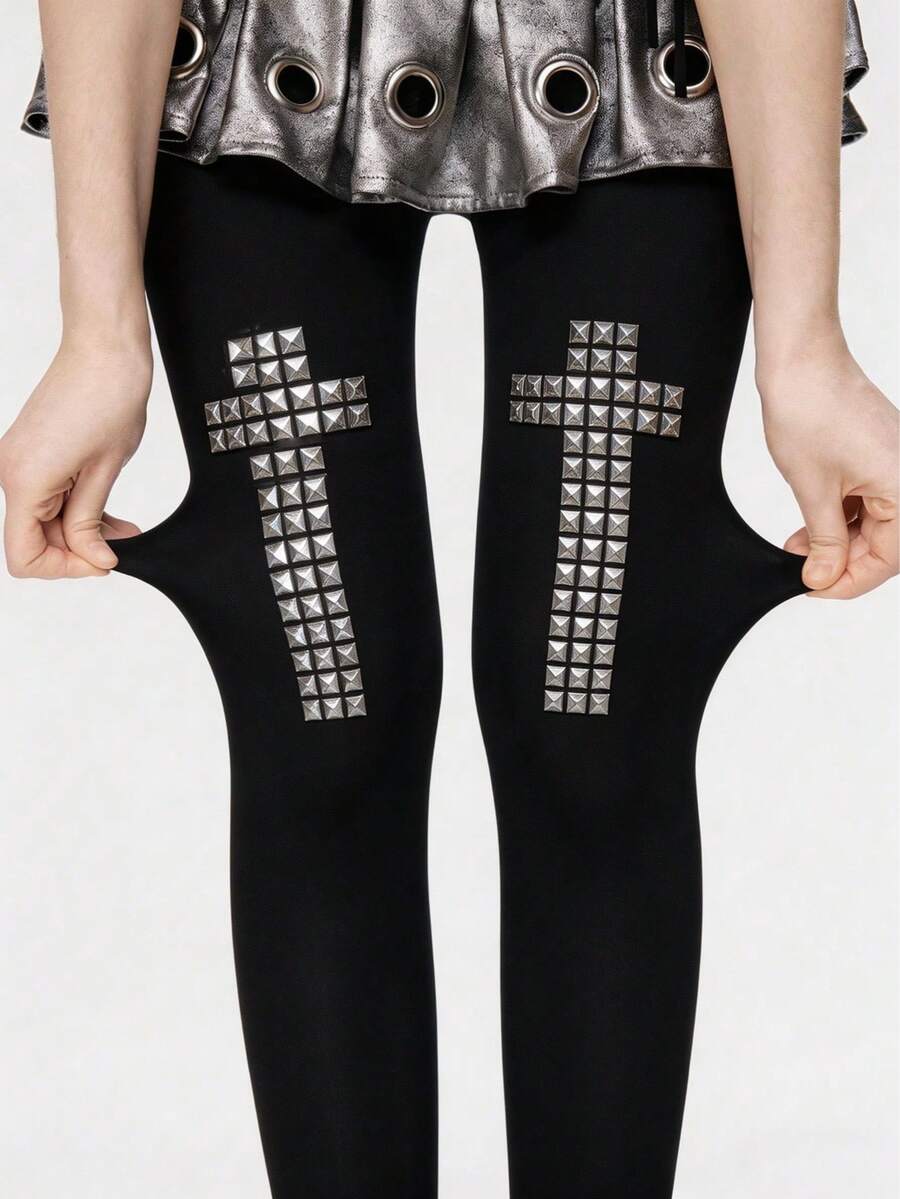 ROMWE Kawaii 1 pieza de medias de unicolor con remaches estilo punk, leggings con patrón geométrico Y2K, medias elásticas translúcidas - Remache cuadrado - Ver 1