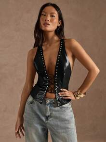 SHEIN BAE Women's Rivet Decor Halter Neck Sexy Versatile Top For Dates Club Night Outings Black And Silver Autumn - Black - View 7