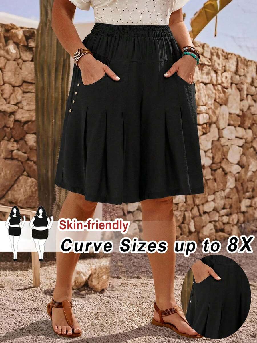 SHEIN CURVE+ 大码多功能纯色休闲短裤,简约时尚,适合夏季、休闲度假、休闲度假穿搭、夏季时尚、女士夏季穿搭、母亲节穿搭、乡村音乐会穿搭、女士波西米亚风穿搭、女士西部风穿搭、女士度假穿搭、女士夏季服装、大码女装、商务休闲女装、女士夏季服装、大码女装、正式场合穿搭。 - 黑色 - 查看 1