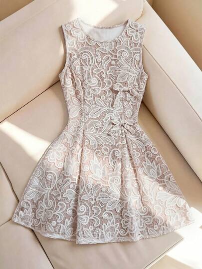 Selianne Vestido de fiesta de moda con cuello redondo, estampado floral, plisado y decoración de lazo para mujer