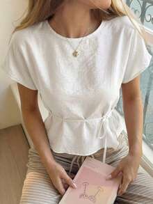 DAZY Women's Elegant Solid Color Batwing Sleeve Round Neck Blouse, Summer - Beige - View 5