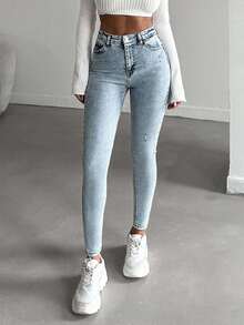 EURMUSE 99%Cotton High Waist Ripped Skinny Jeans - Light Wash - View 5