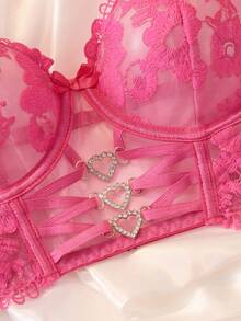Myrelith 2pcs Set: Mesh Inlay Fuchsia 3D Floral Embroidery Design + Sweet & Cool Interwoven Triangle Panties, Fashionable Lingerie Set - Hot Pink - View 4