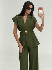 Aloruh Waist Tie Metal Decor Vest & Pants Commuter Suit Set - Army Green - View 8