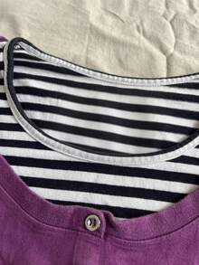 INAWLY 2-In-1 Cinched Waist Women Slogan Striped Short Sleeve T-Shirt - Purple - View 4