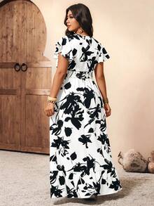 EMERY ROSE Black And White,Summer,Boho,Elegant,Vacation,Holiday Plus Size & Tall Floral Maxi Dress,Shirred Ruffle Short Sleeve Elastic Waist Casual Commute - Multicolor - View 2