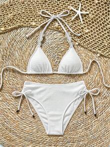 Soleia Bộ bikini nữ màu trơn đính hạt cườm, kiểu cổ yếm, hở lưng, buộc dây phía trước. - trắng - Xem 6