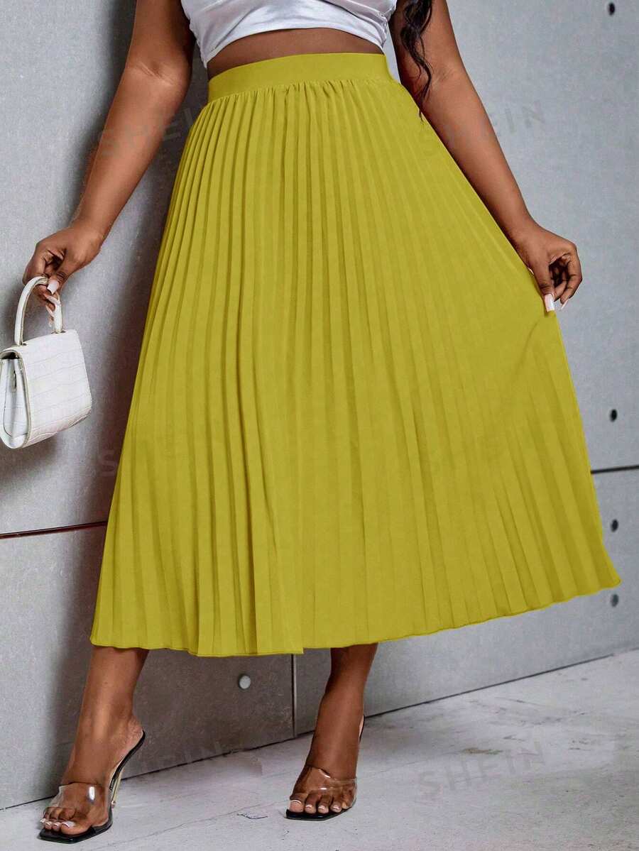 SHEIN Clasi Plus Size Solid Color Elegant Pleated Zip-Up Skirt, Spring/Summer - Yellow - View 1