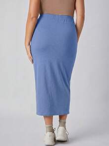 SHEIN BASICS Plus Size Women's Casual, Work, Commute Solid Color Elastic Waist Pencil Skirt, Suitable For Spring, Summer, Autumn - Blue - View 2