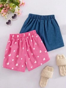 SHEIN Elladie kids 2件/組 少女活力度假風 仿牛仔印花不對稱短褲，向日葵、愛心、臉孔圖案，藍色與粉色組合，適合夏季出遊 - 彩色 - 查看 2
