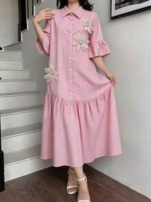 SHEIN 少女粉色竖条纹衬衫裙，3D立体花卉装饰，喇叭袖荷叶边下摆宽松A字中长连衣裙，宽松显瘦版型，适合海滩、校园、日常休闲穿着，夏季中长连衣裙 - 粉色 - 查看 6