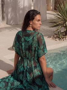 EMERY ROSE Summer Beach Tropical Print Drawstring Waist Kimono Vacation - Multicolor - View 2