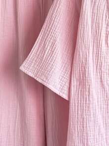 SHEIN 2件套少女休闲度假街头时尚纹理棉质衬衫和针织背心搭配阔腿长裤套装，春夏秋季，粉色 - 粉色 - 查看 5