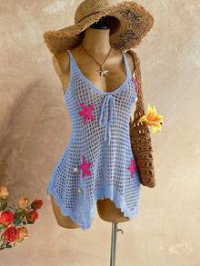 Soleia Women's Vacation Crochet Starfish Front Tie Hollow Out Slip Dress - Sky Blue - View 3
