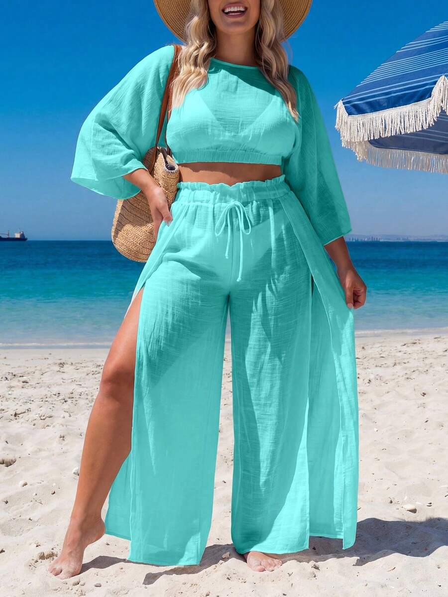 Swim Lushoire Plus Size Loose Kimono Cover Up Set, Vacation Style - Blue - View 1