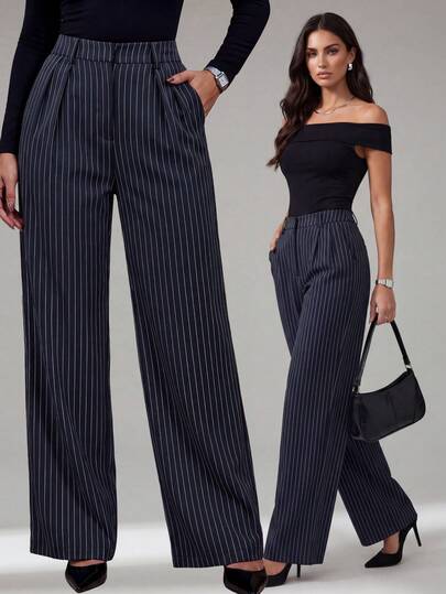SHEIN Tall Pantalones de traje de rayas azul marino minimalista y moderno para mujer, pantalones de cintura alta, pantalones azules, pantalones de rayas, pantalones anchos de pierna ancha, pantalones casuales, pantalones de negocios, adecuados para salidas casuales, negocios, oficina, viajes, ocasiones formales. Pantalones de rayas, pantalones azul marino, pantalones palazzo, pantalones plisados para mujer