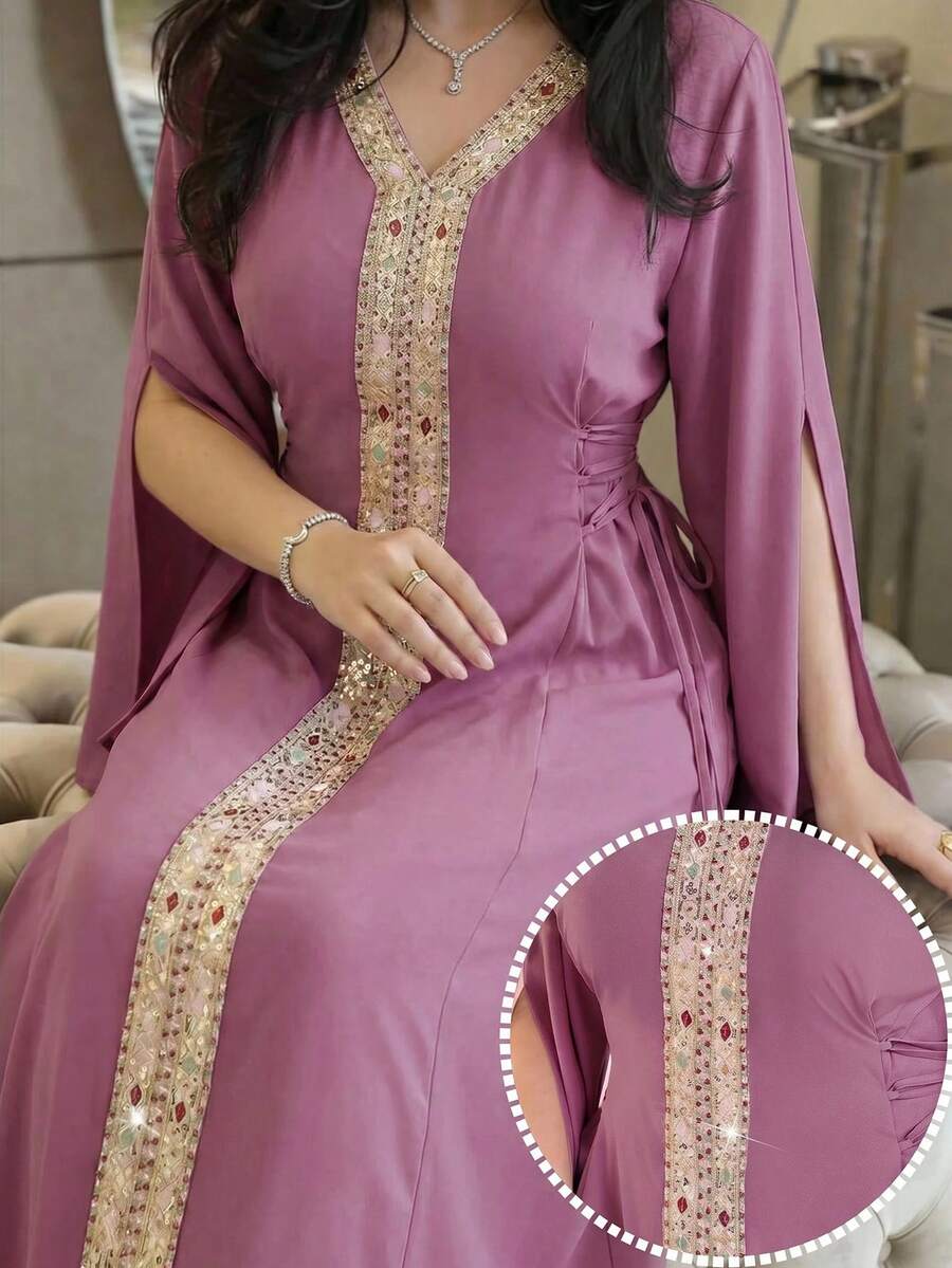 Al Najma 大码女式缎带饰边开衩长袖优雅阿拉伯连衣裙 - 紫色 - 查看 1