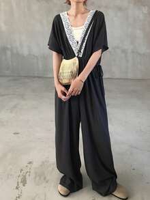 FRIFUL 女款夏季休閒對比色肩帶連身褲 - 灰色 - 查看 4