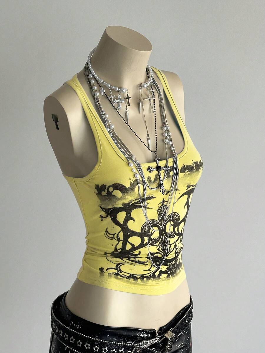 SHEIN DivaQ Áo tank top nữ in chữ theo phong cách punk đường phố - Màu vàng - Xem 1