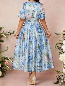 Fleurora Đầm nữ size lớn họa tiết hoa cổ tròn tay ngắn thiết kế xếp ly thanh lịch - Màu xanh lam - Xem 2