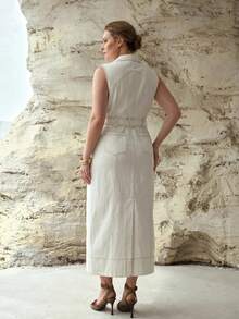 MOTF PREMIUM PLUS SIZE WOMEN'S SLEEVELESS DENIM DRESS WITH POCKETS, SPRING/SUMMER - White - View 4