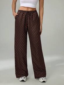 SHEIN Tall Quần dài màu nâu, quần mùa đông, quần Giáng sinh, quần năm mới, quần dệt chấm bi nâu, quần ống rộng thắt eo dành cho nữ, quần chấm bi nâu, quần chấm bi nâu, quần mùa thu, quần áo mùa thu cho nữ, quần áo mùa đông cho nữ - Cà phê nâu - Xem 7