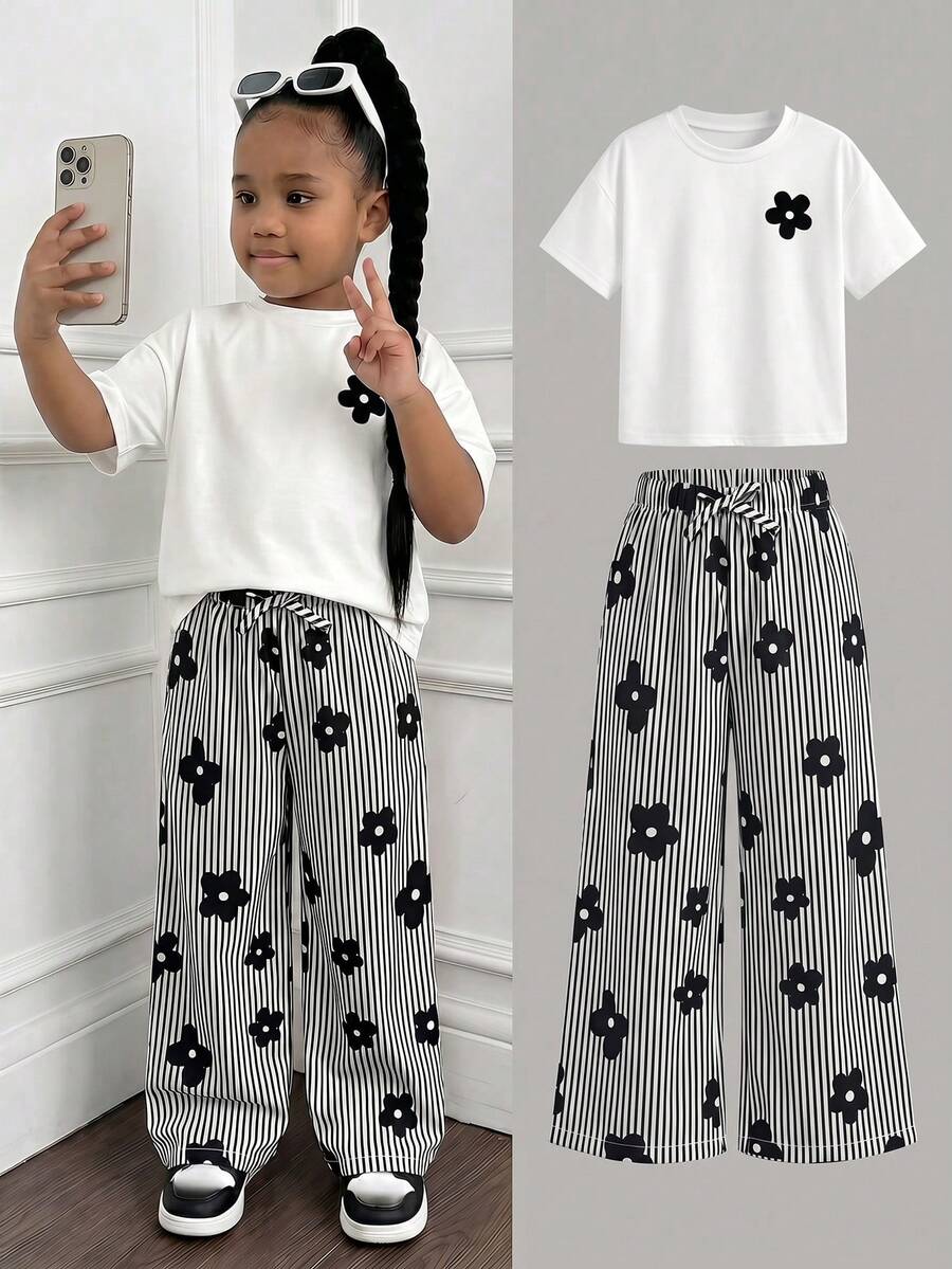SHEIN Young Girls' Fashion Casual Minimalist White Printed T-Shirt And Black&Striped Knit Pants 2-Piece Set,Suitable For Outings,School,Vacation - Multicolor - View 1