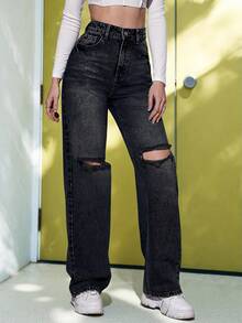 SHEIN ICON High Waist Ripped Straight Leg Jeans - Black - View 3