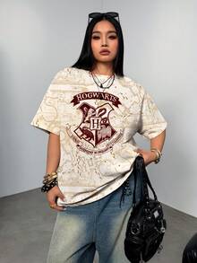 HARRY POTTER X SHEIN 大尺碼女款夏季休閒日常通勤學院風動物徽章與字母印花落肩寬鬆版型T恤 - 白色 - 查看 4
