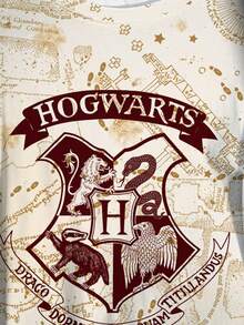 HARRY POTTER X SHEIN 大尺碼女款夏季休閒日常通勤學院風動物徽章與字母印花落肩寬鬆版型T恤 - 白色 - 查看 6