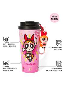THE POWERPUFF GIRLS X SHEIN 500ml /16 Oz  Vacuum Insulated Stainless Steel , 1 Leak-Proof Lid, Suitable For Hot Drinks / Cold Drinks, Suitable For Most Cup Holders - Pink - View 3