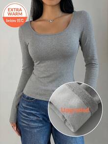Fluxe Women's Casual Grey Autumn Everyday T-Shirt,Fleece Lined Thermal Long Sleeve Scoop Neck Slim Fit Knit Undershirt Tee Blouse For Fall And Winter - Grey - View 3