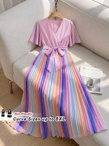 SHEIN CURVE+ Curve 尺码 US22 音乐节、海滨度假、波西米亚风女士彩虹褶皱V领灯笼袖系带背心毕业礼服婚礼宾客礼服女士学位模拟礼服女士沙滩裙女士假日太阳裙生日礼服女士骄傲节女士礼服优雅礼服女士休闲礼服女士生日礼服女士夏季礼服女士夏季礼服 - 彩色 - 查看 6
