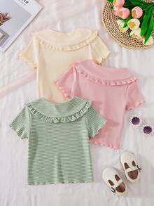 Genkimix Kids 3pcs/Set Peter Pan Collar Short Sleeve Round Neck Solid Light Pink T-Shirts, Versatile For Young Girl Back-To-School Graduation Summer Cute - Multicolor - View 2