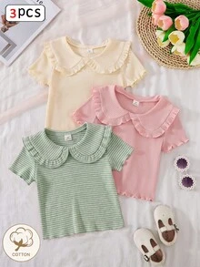 Genkimix Kids 3pcs/Set Peter Pan Collar Short Sleeve Round Neck Solid Light Pink T-Shirts, Versatile For Young Girl Back-To-School Graduation Summer Cute - Multicolor - View 3