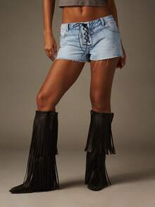 MISSGUIDED High Rise Light Wash Denim Shorts With Fringe Hem And Lace Up Front Detail - Blue - View 4
