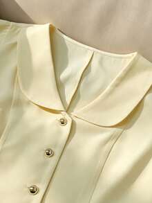 Franclia Blusa elegante da donna con collo a scialle, maniche corte, monopetto, di colore unito, adatta per l'ufficio e la vita quotidiana, per l'estate - Giallo - Visualizzare 5