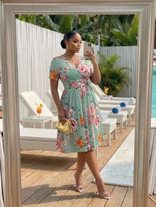 SHEIN CURVE+ Plus Size Wrap Collar Cinched Waist Printed A-Line Dress With Pockets - Multicolor - View 5